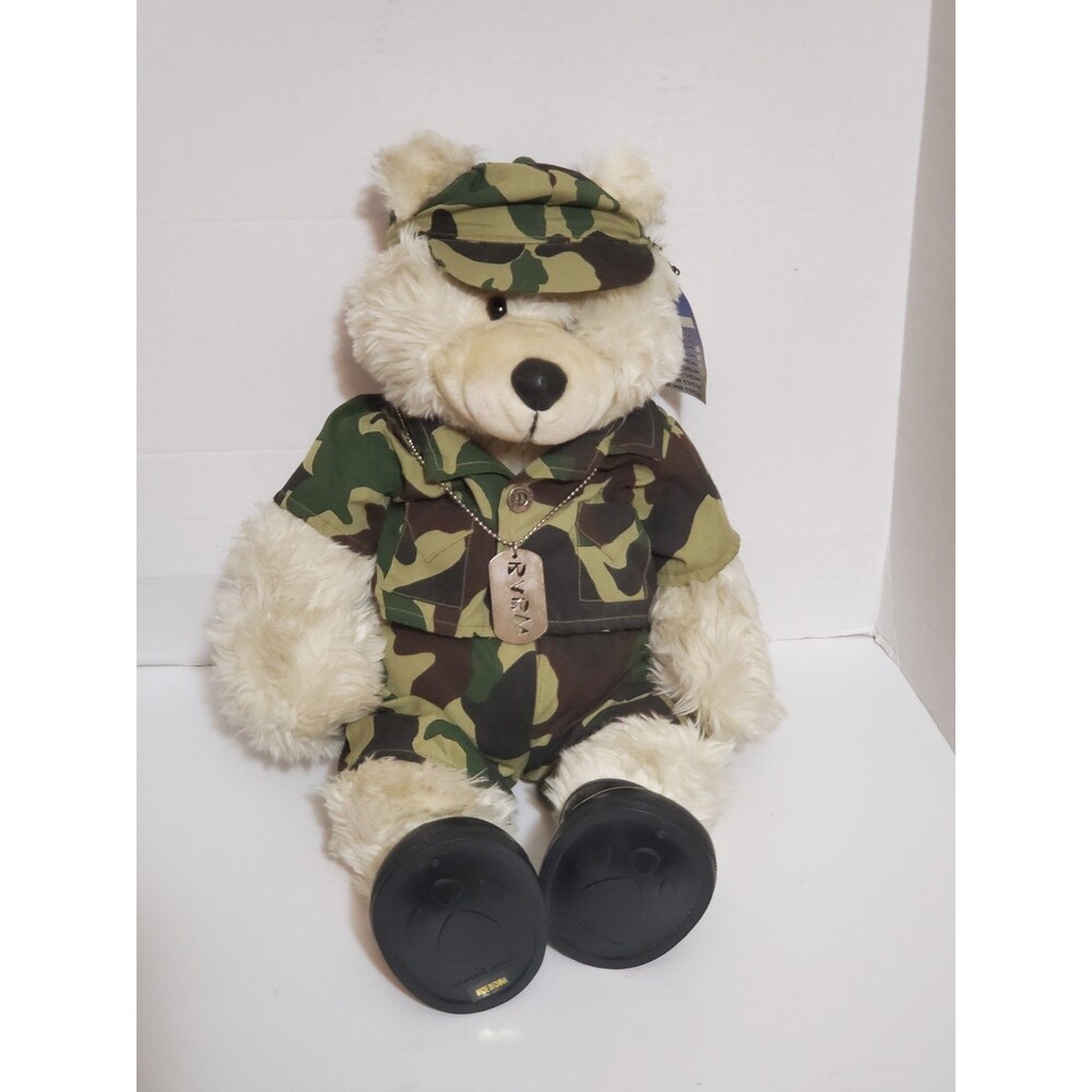 Build A Bear Teddy Bear Plush Cream White Camo Army Military Uniform Boots Tag